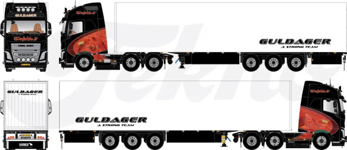Tekno Volvo FH4 Globetrotter XL 6x2 com Semirreboque Baú 3 Eixos Guldager Dolphin 2 Dinamarca